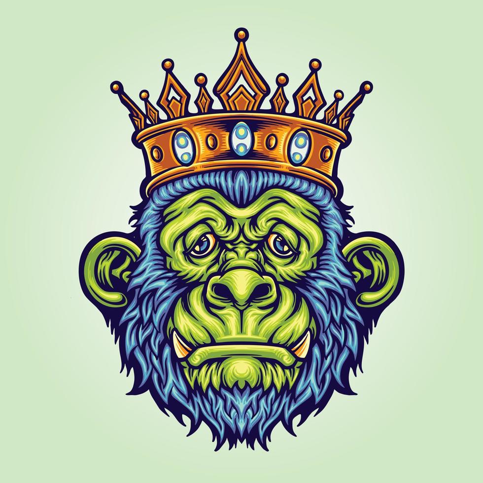 gorila zumbi com ilustrações vetoriais da coroa do rei para o seu logotipo de trabalho, camiseta de mercadoria mascote, adesivos e designs de etiquetas, pôster, cartões de saudação, empresa de negócios de publicidade ou marcas. vetor