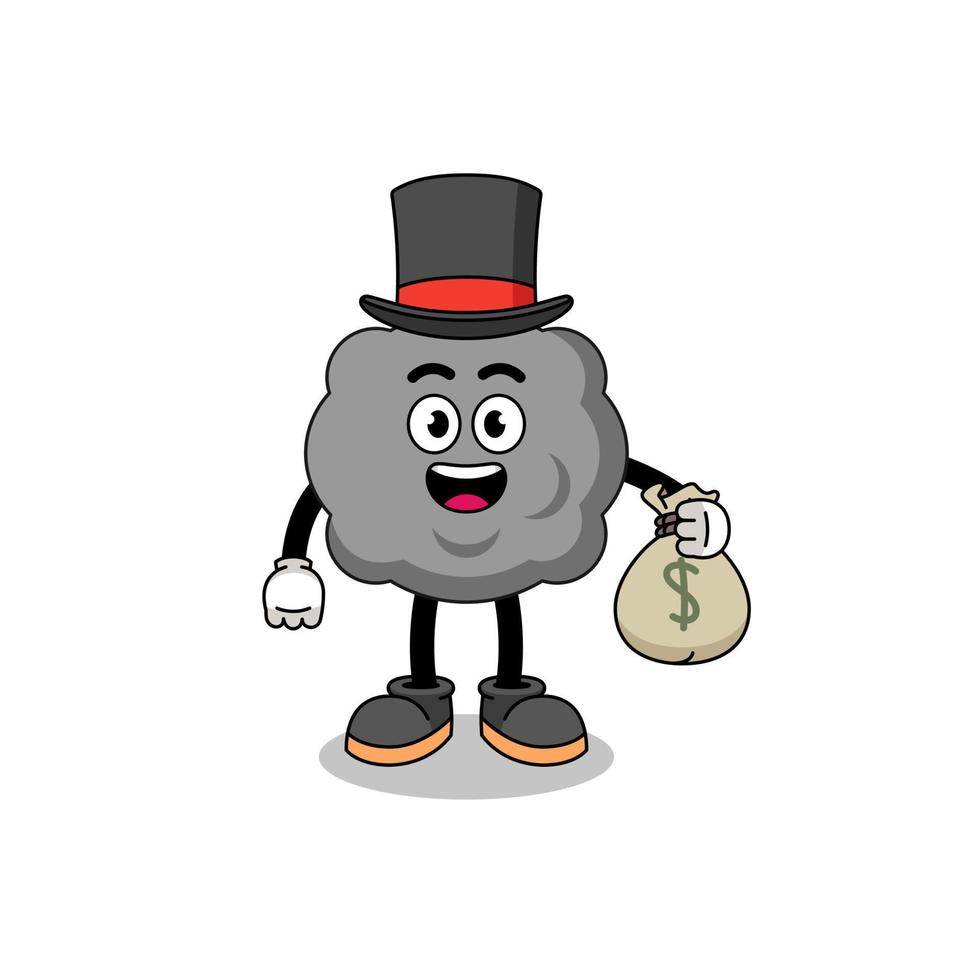 ilustração de mascote de nuvem escura homem rico segurando um saco de dinheiro vetor