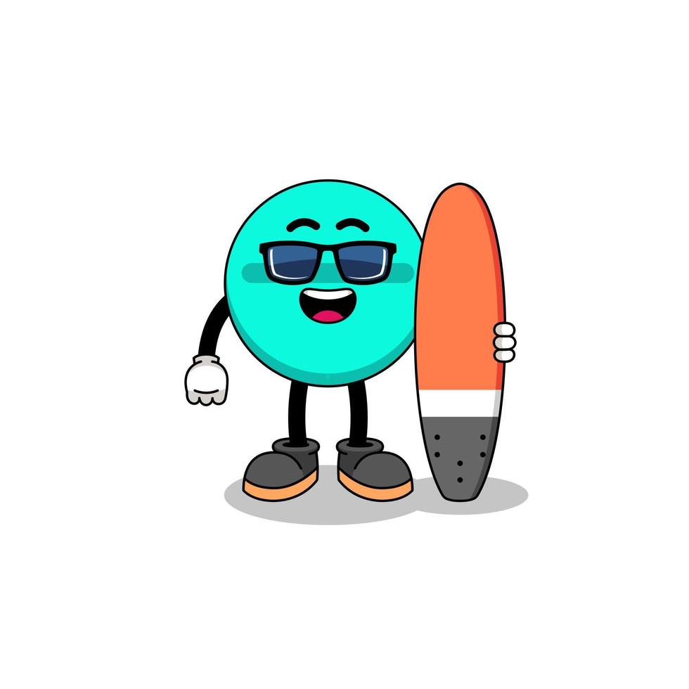 desenho de mascote de comprimido de remédio como surfista vetor