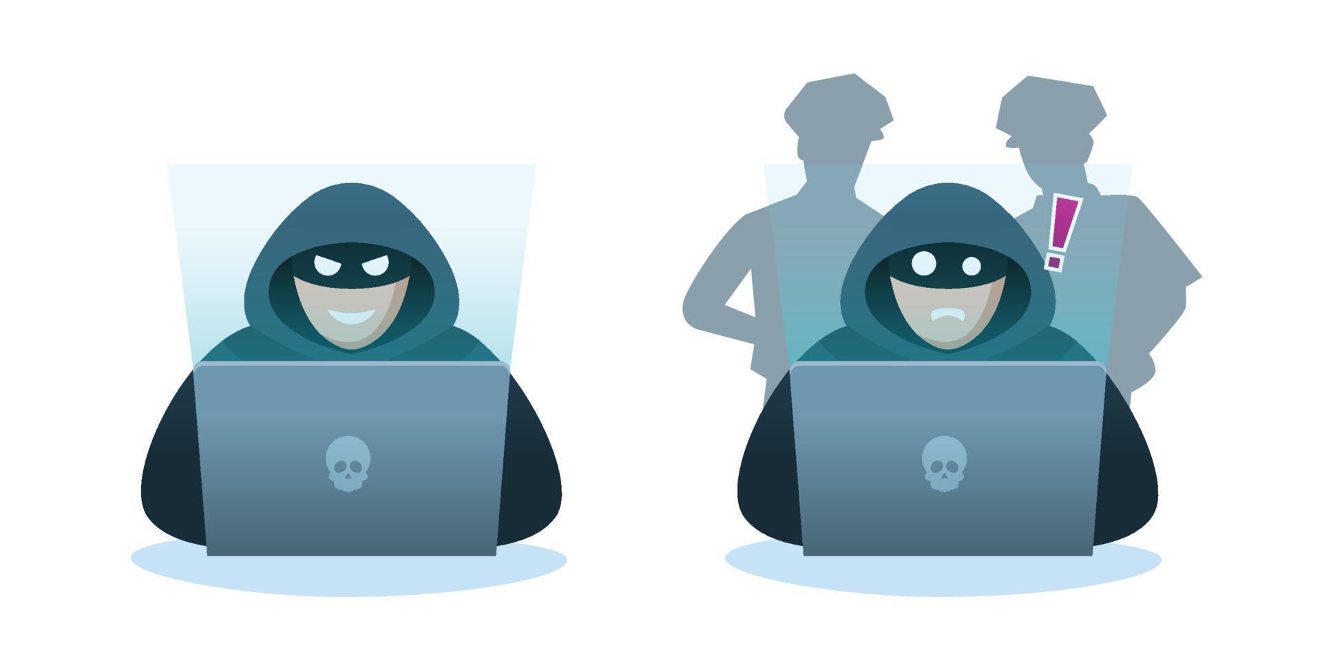 hacker usa laptop com a polícia atrás dele, ilustração vetorial vetor