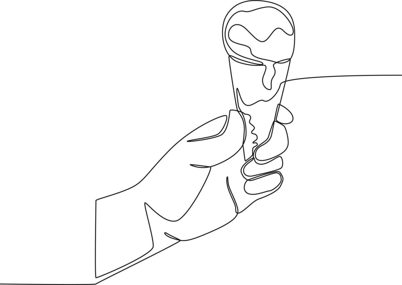 um desenho de linha contínua de mão segurando sorvete no cone. festa de Verão. ilustração gráfica de design de desenho de linha única. vetor