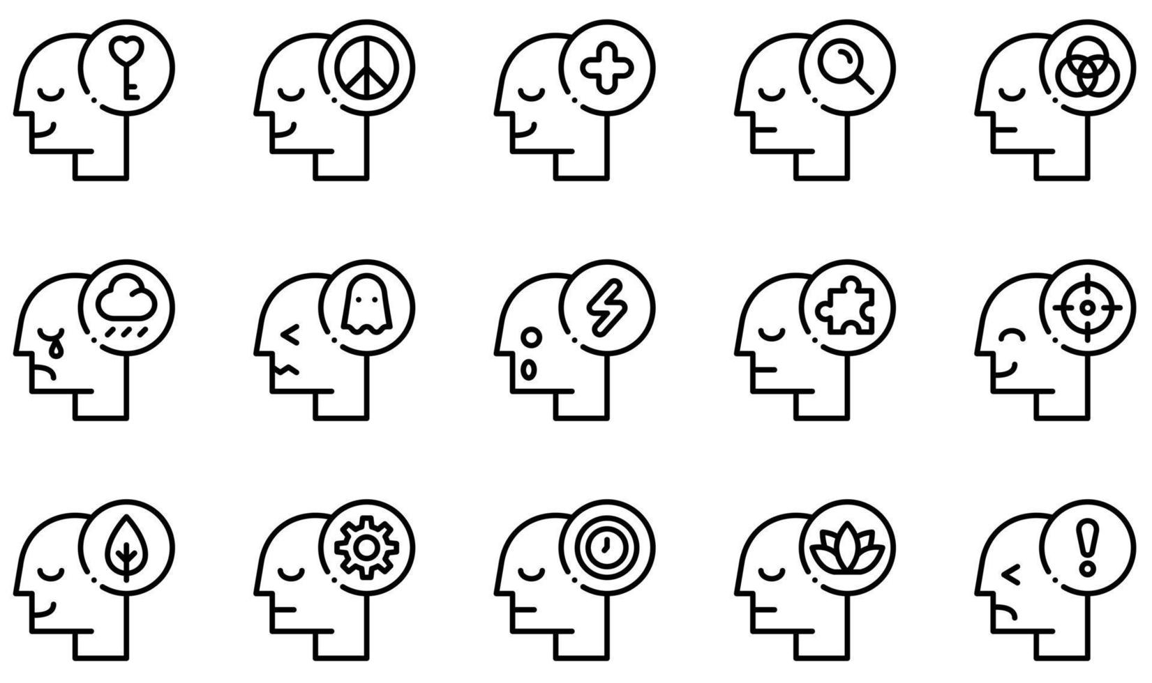 conjunto de ícones vetoriais relacionados à mente humana. contém ícones como mente aberta, positivo, tristeza, medo, choque, tempo e muito mais. vetor