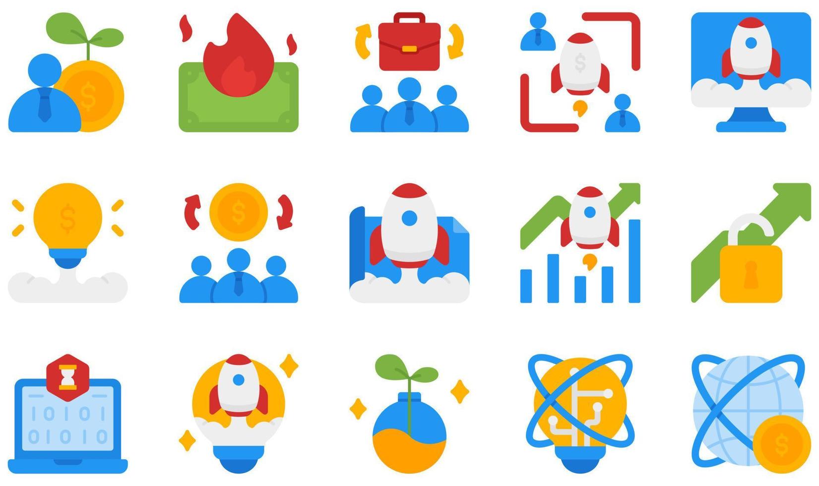 conjunto de ícones vetoriais relacionados a startups. contém ícones como burn, crowdfunding, design, growth, hackathon, idea e muito mais. vetor