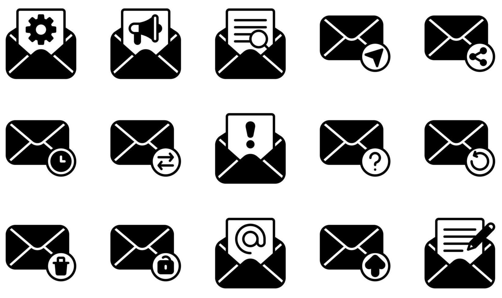 conjunto de ícones vetoriais relacionados ao e-mail. contém ícones como e-mail aberto, opções, pesquisa, envio de e-mail, spam, upload e muito mais. vetor
