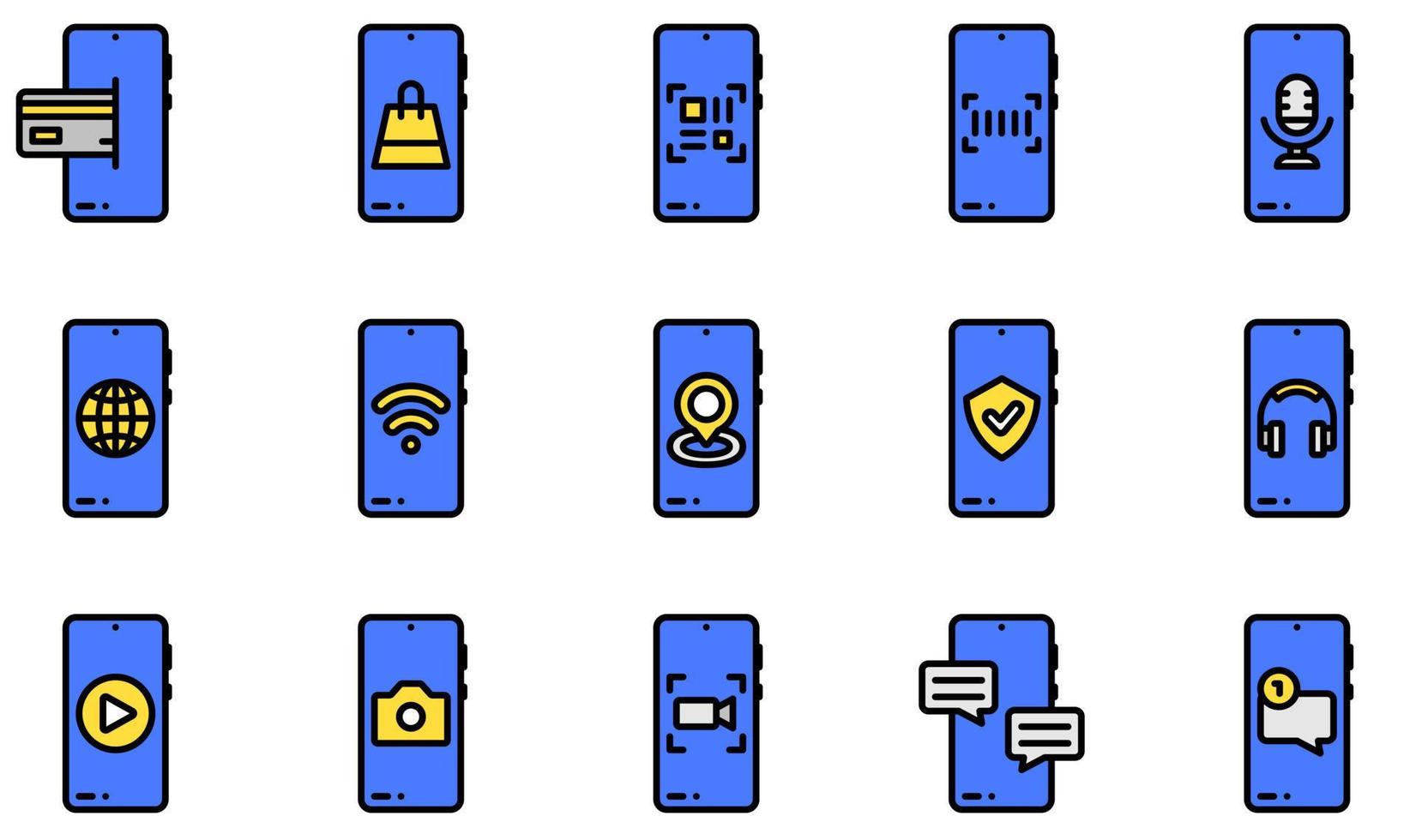 conjunto de ícones vetoriais relacionados a funções móveis. contém ícones como pagamento online, chamada telefônica, código qr, configurações, transferência, upload e muito mais. vetor