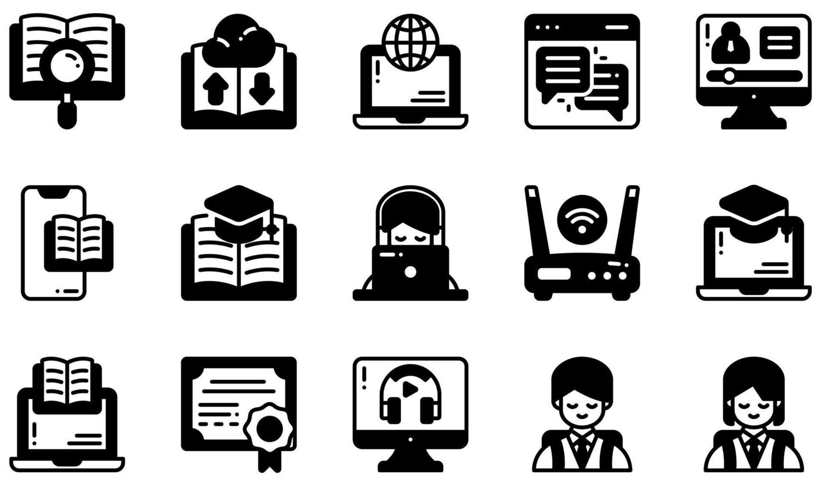 conjunto de ícones vetoriais relacionados ao aprendizado online. contém ícones como interativo, aprendizagem, escuta, educação online, aprendizagem online, estudante e muito mais. vetor