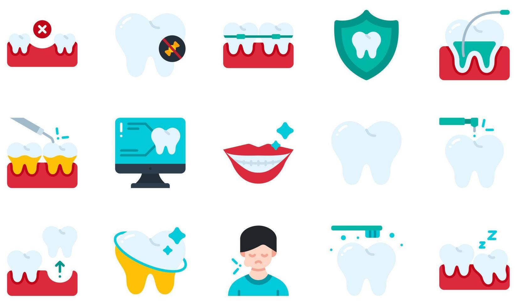 conjunto de ícones vetoriais relacionados à odontologia. contém ícones como falta, sem doce, ortodontia, dimensionamento, digitalização, dente e muito mais. vetor