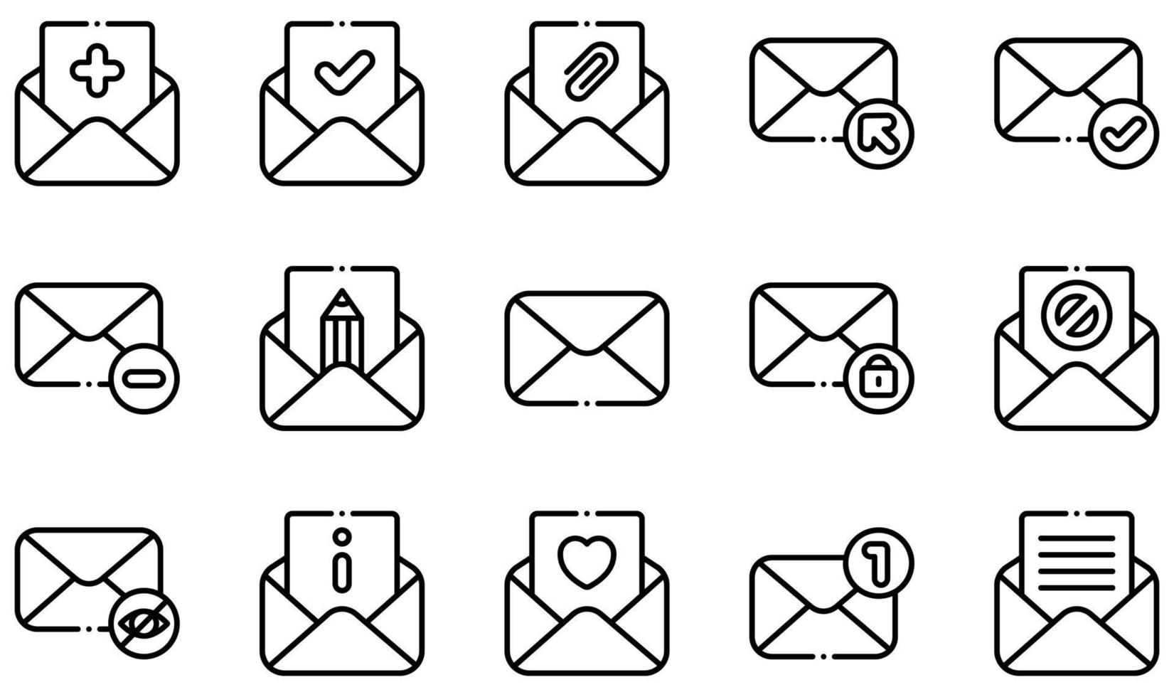 conjunto de ícones vetoriais relacionados ao e-mail. contém ícones como adicionar, aprovado, arroba, clique, concluído, excluir e muito mais. vetor