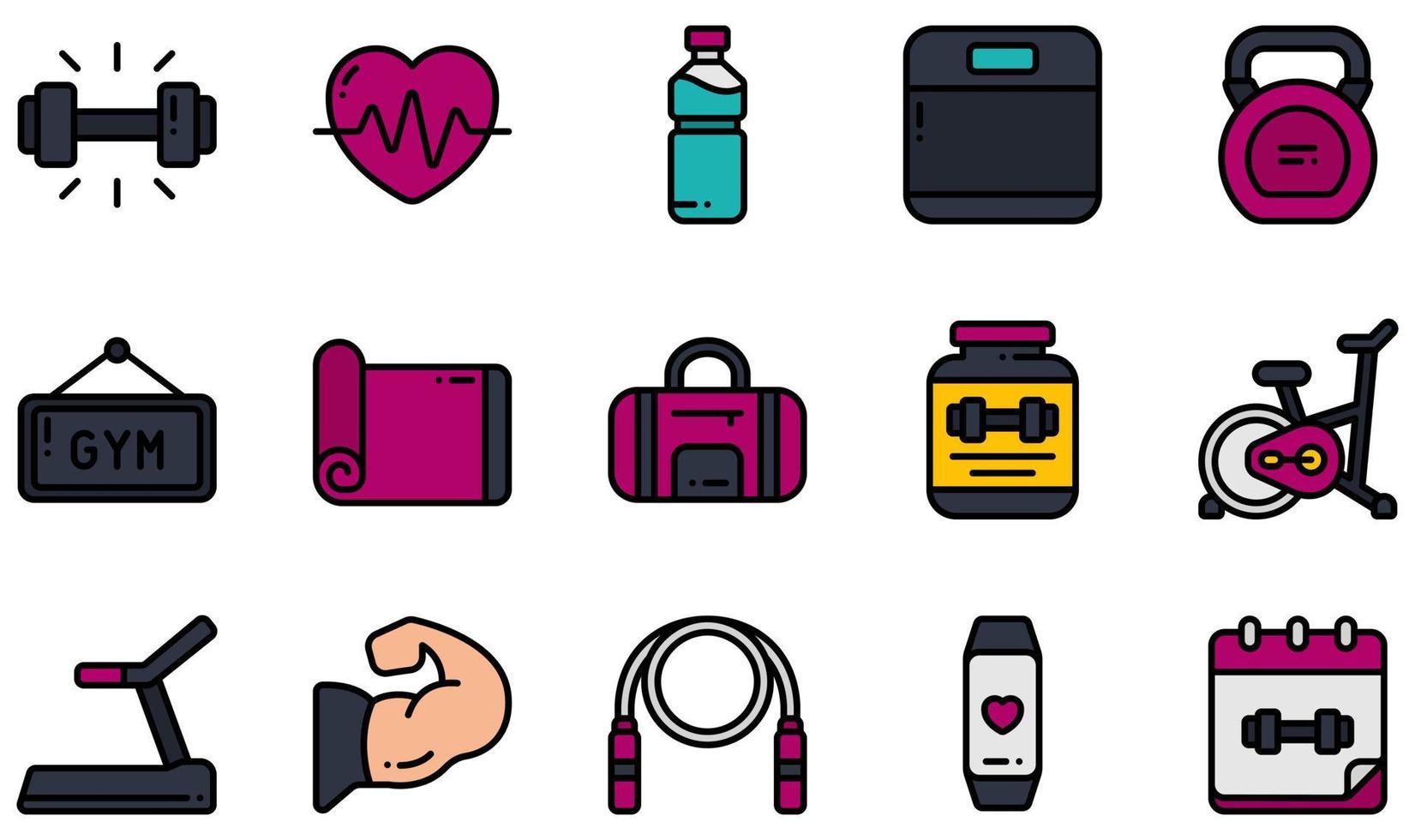 conjunto de ícones vetoriais relacionados à aptidão. contém ícones como haltere, batimento cardíaco, kettlebell, tapete de ioga, ciclismo, pular corda e muito mais. vetor