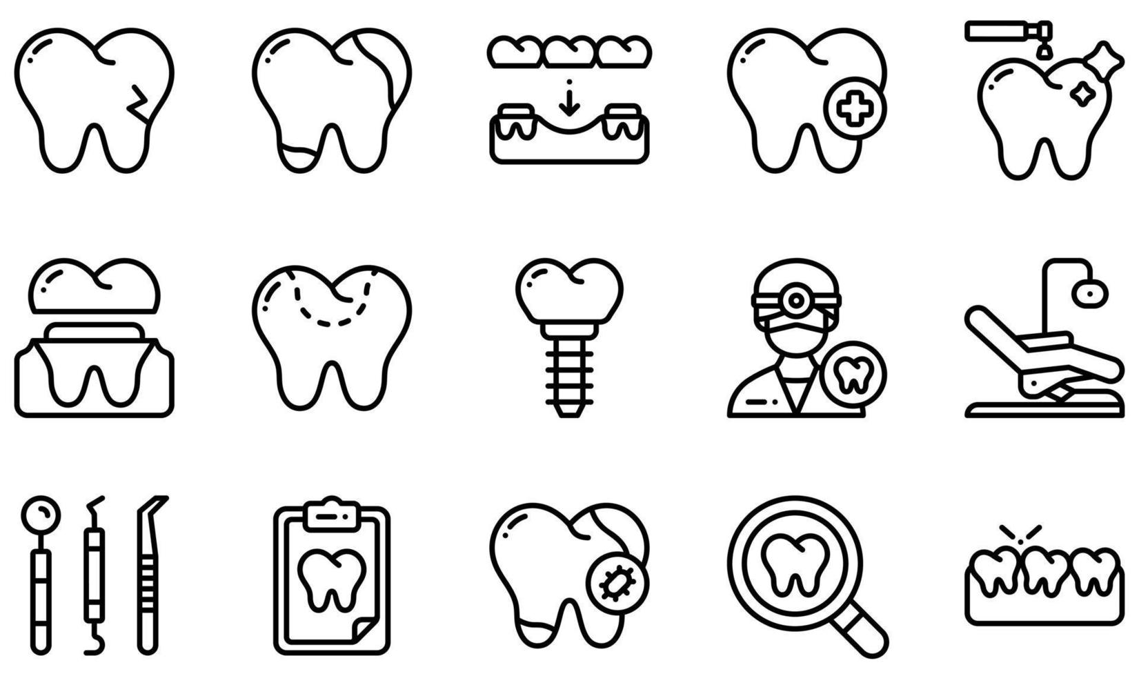 conjunto de ícones vetoriais relacionados à odontologia. contém ícones como dente quebrado, cárie, atendimento odontológico, coroa dentária, obturação dentária, dentista e muito mais. vetor