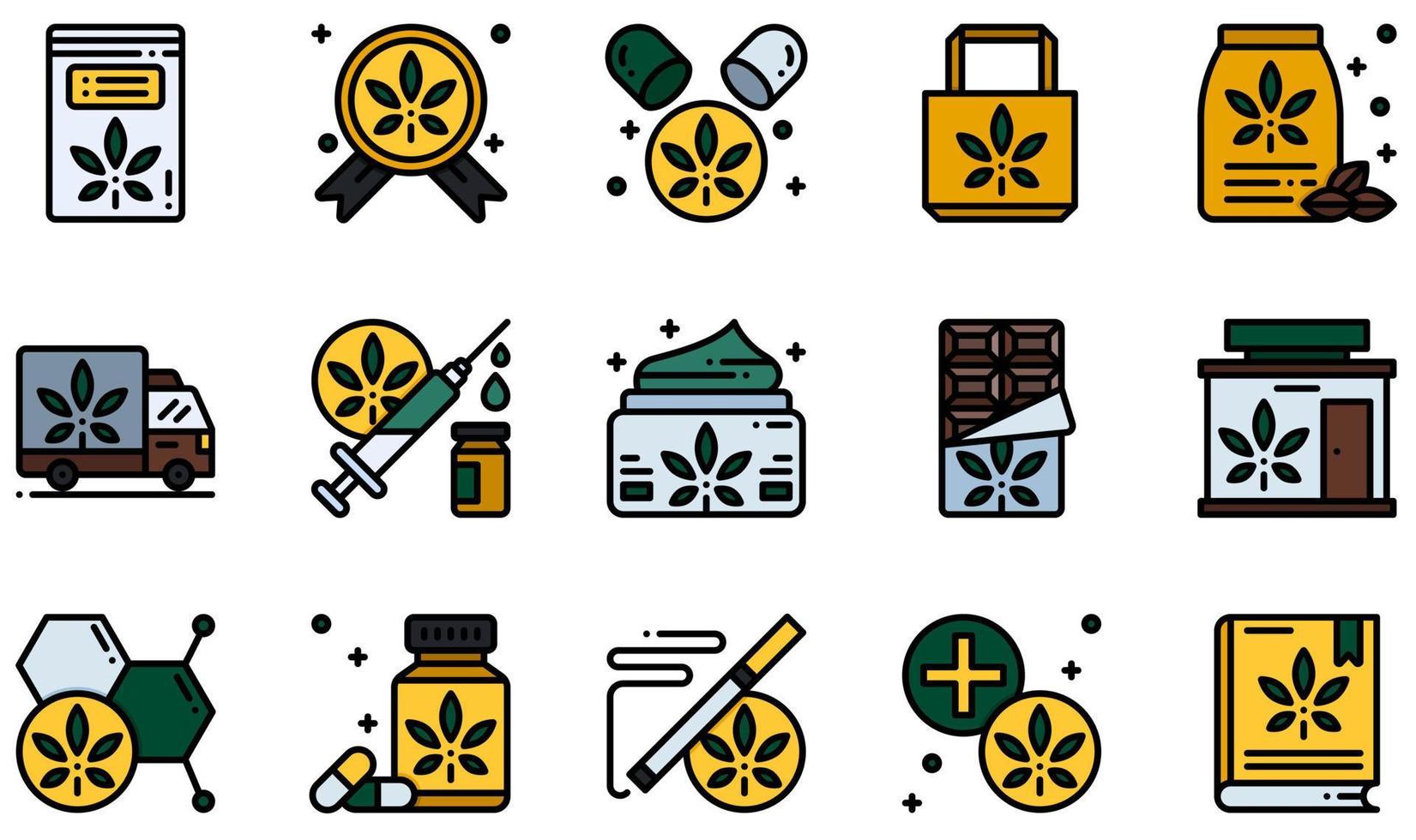 conjunto de ícones vetoriais relacionados à cannabis. contém ícones como pílulas, creme cbd, barra de chocolate, loja, drogas, maconha e muito mais. vetor