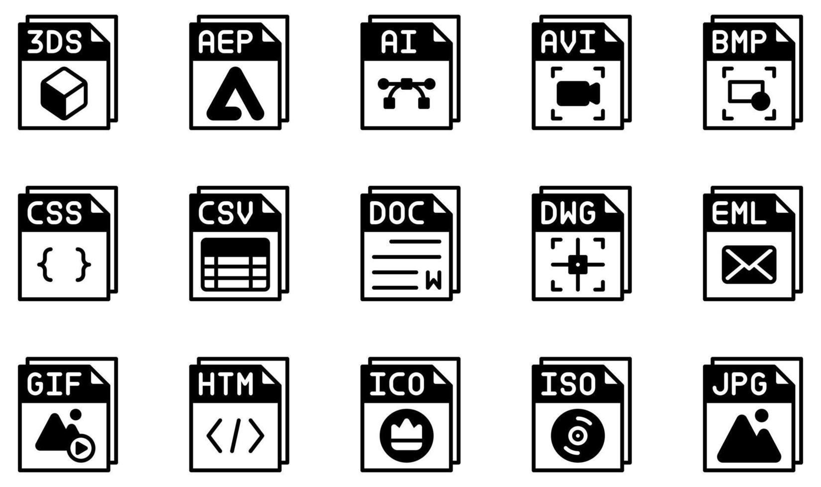 conjunto de ícones vetoriais relacionados a arquivos. contém ícones como arquivo avi, arquivo ai, arquivo avi, arquivo doc, arquivo gif, arquivo jpg e muito mais. vetor