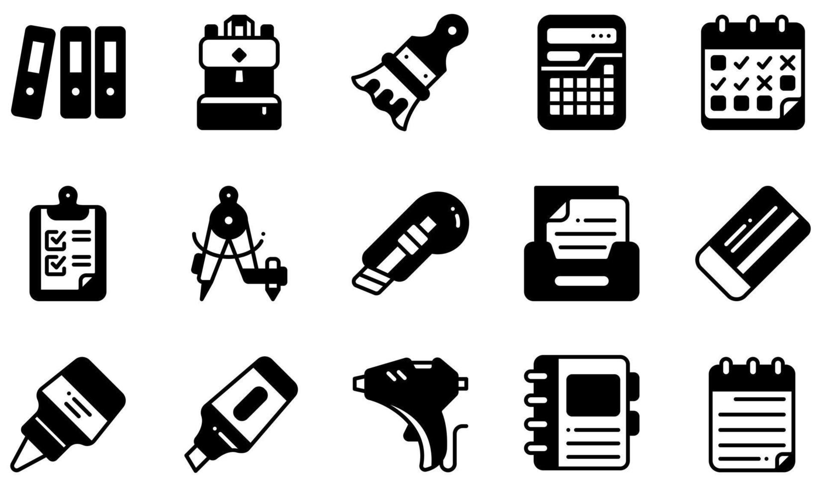 conjunto de ícones vetoriais relacionados a artigos de papelaria. contém ícones como arquivos, mochila, calculadora, prancheta, cortador, cola e muito mais. vetor