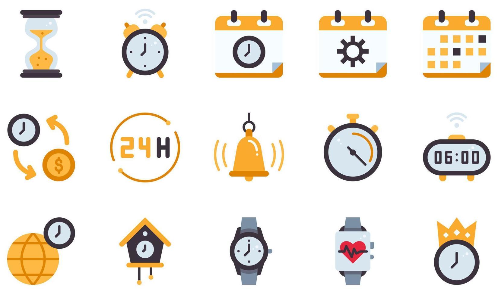 conjunto de ícones vetoriais relacionados ao tempo. contém ícones como ampulheta, despertador, gerenciamento de tempo, calendário, tempo é dinheiro, cronômetro e muito mais. vetor