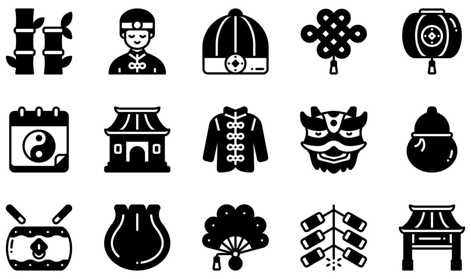 conjunto de ícones vetoriais relacionados ao ano novo chinês. contém ícones como bambu, chapéu chinês, lanterna chinesa, ano novo chinês, bolinho de massa, fogos de artifício e muito mais. vetor