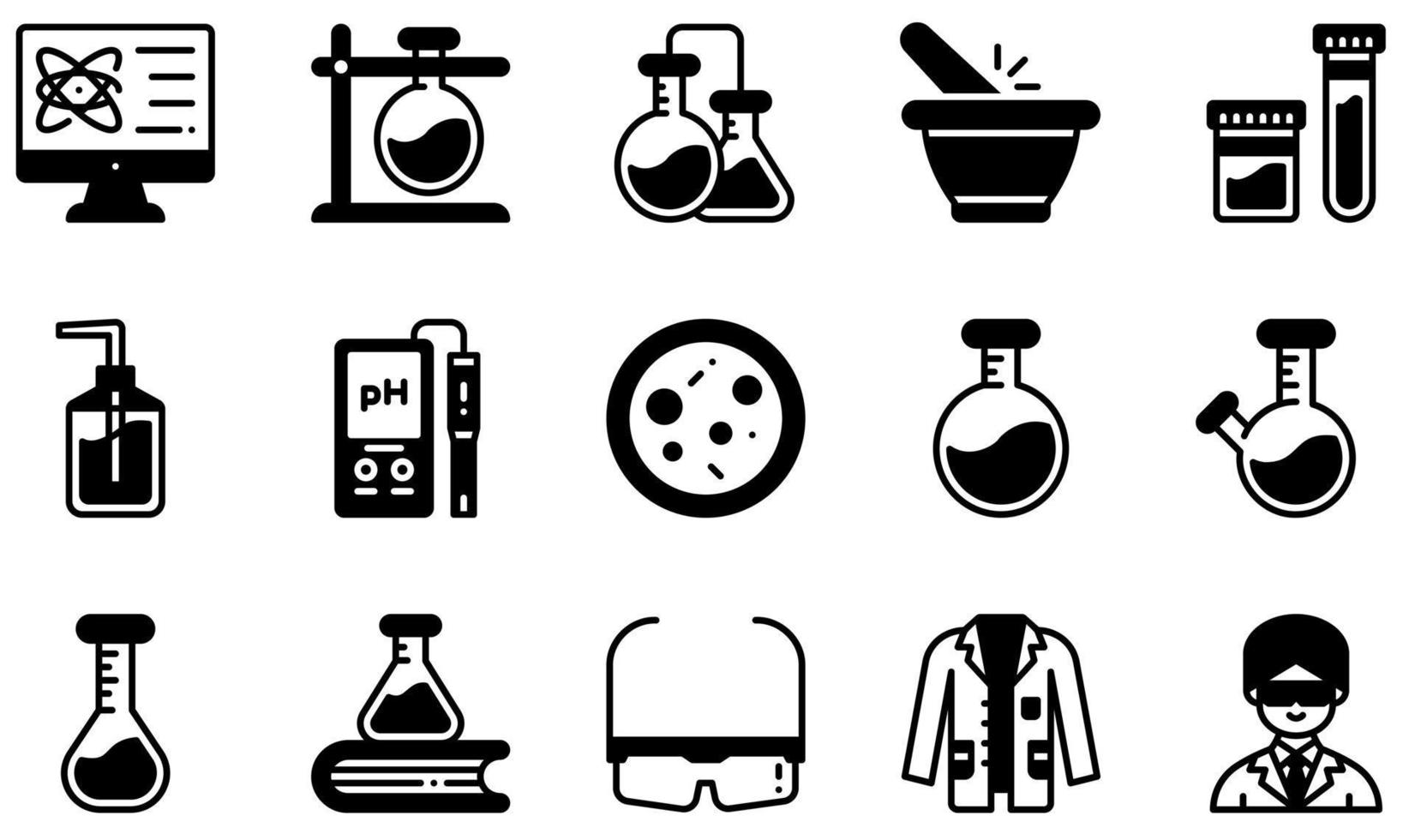 conjunto de ícones vetoriais relacionados ao laboratório de química. contém ícones como tubo de ensaio, química, amostra de urina, medidor de ph, frasco, jaleco e muito mais. vetor