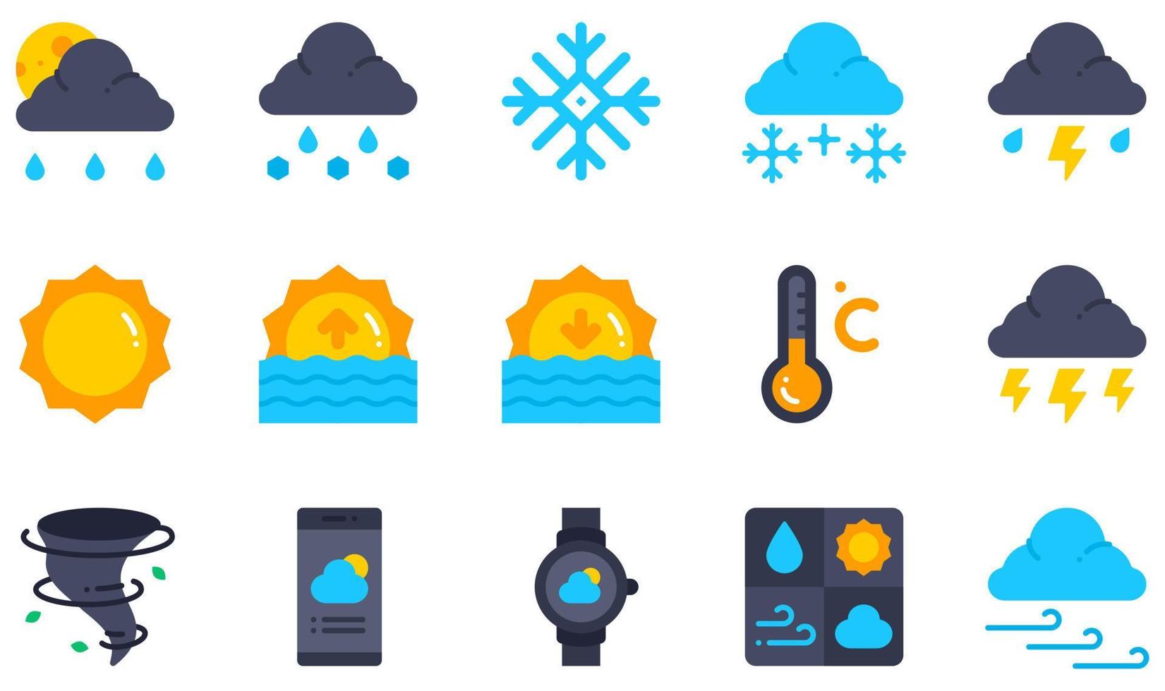 conjunto de ícones vetoriais relacionados ao clima. contém ícones como granizo, neve, tempestade, nascer do sol, pôr do sol, trovoada e muito mais. vetor