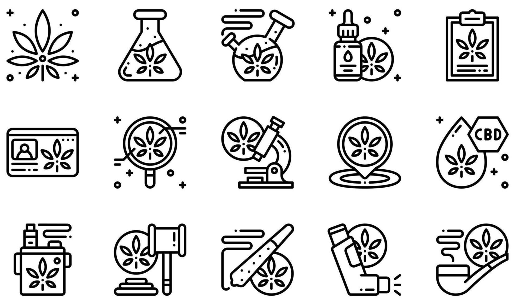 conjunto de ícones vetoriais relacionados à cannabis. contém ícones como cannabis, bong, óleo de cannabis, óleo cbd, vape, inalador e muito mais. vetor