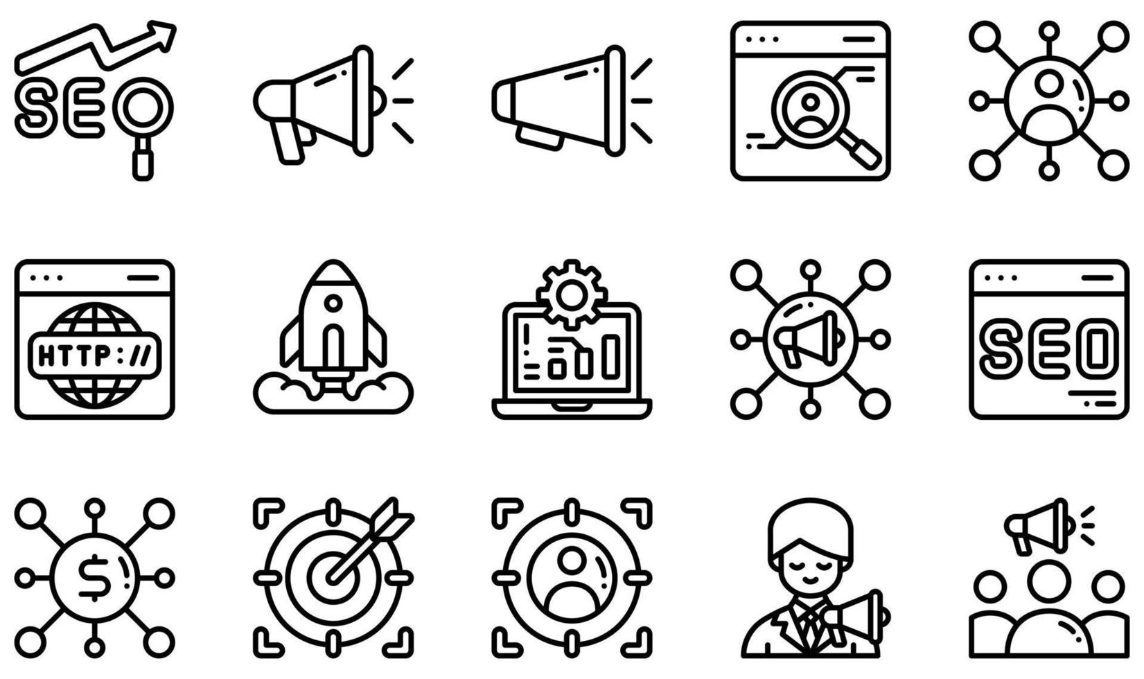 conjunto de ícones vetoriais relacionados a seo e marketing. contém ícones como seo, megafone, megafone, mídia social, site, marketing social e muito mais. vetor