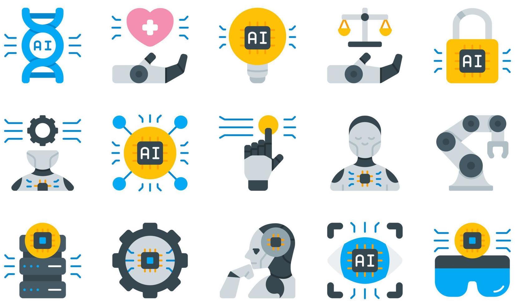 conjunto de ícones vetoriais relacionados à inteligência artificial. contém ícones como saúde, ideia, direito, aprendizado de máquina, robótica, braço robótico e muito mais. vetor