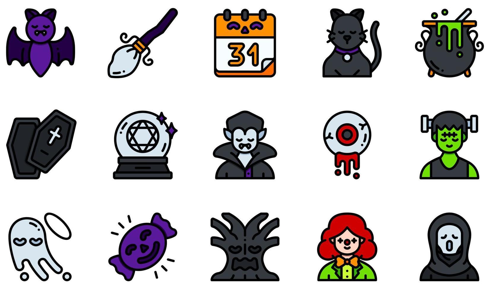 conjunto de ícones vetoriais relacionados ao halloween. contém ícones como morcego, cabo de vassoura, gato, caixão, bola de cristal, fantasma e muito mais. vetor