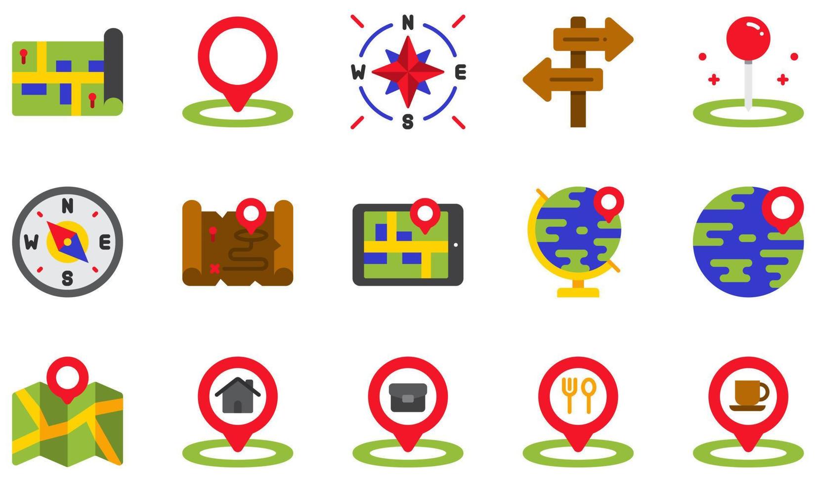 conjunto de ícones vetoriais relacionados a mapas e navegação. contém ícones como mapa, espaço reservado, cardeal, direção, navegação, localização e muito mais. vetor