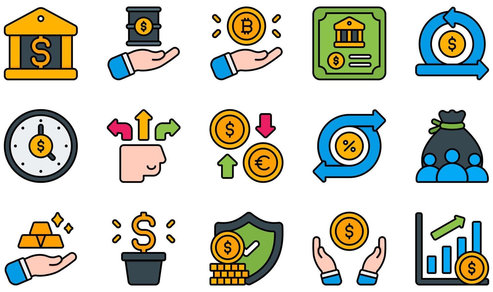 conjunto de ícones vetoriais relacionados ao investimento. contém ícones como bancário, barril, bitcoin, títulos, fluxo de caixa, relógio e muito mais. vetor