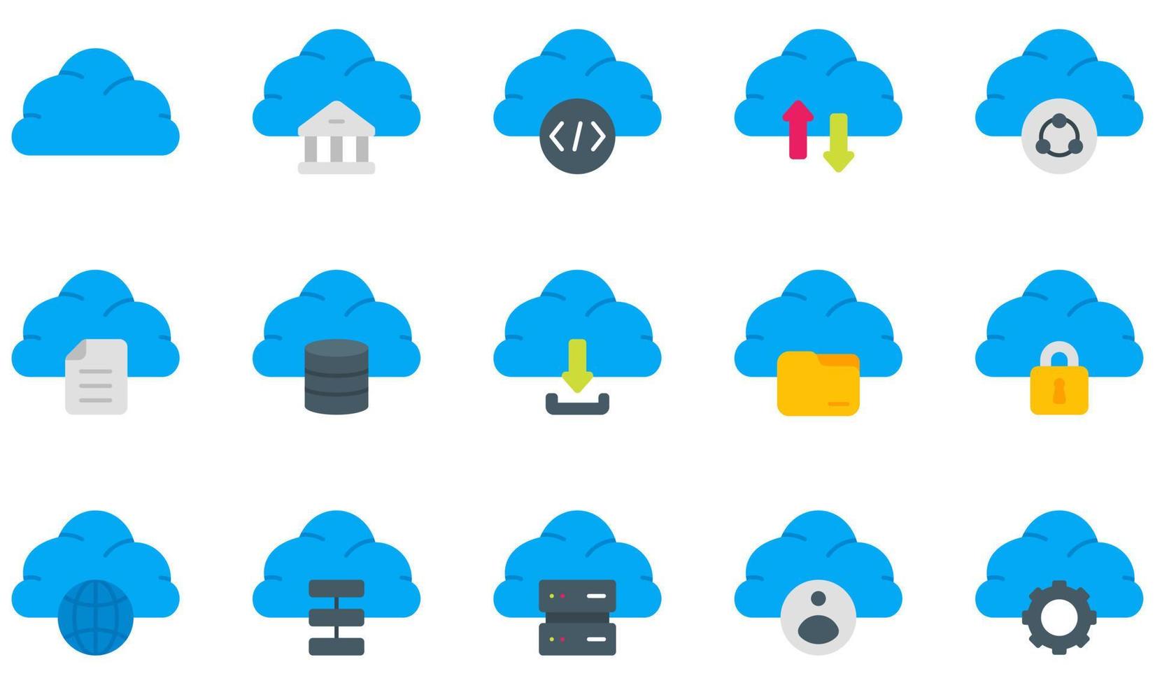 conjunto de ícones vetoriais relacionados à tecnologia de nuvem. contém ícones como nuvem, banco, codificação, computação em nuvem, dados, banco de dados e muito mais. vetor