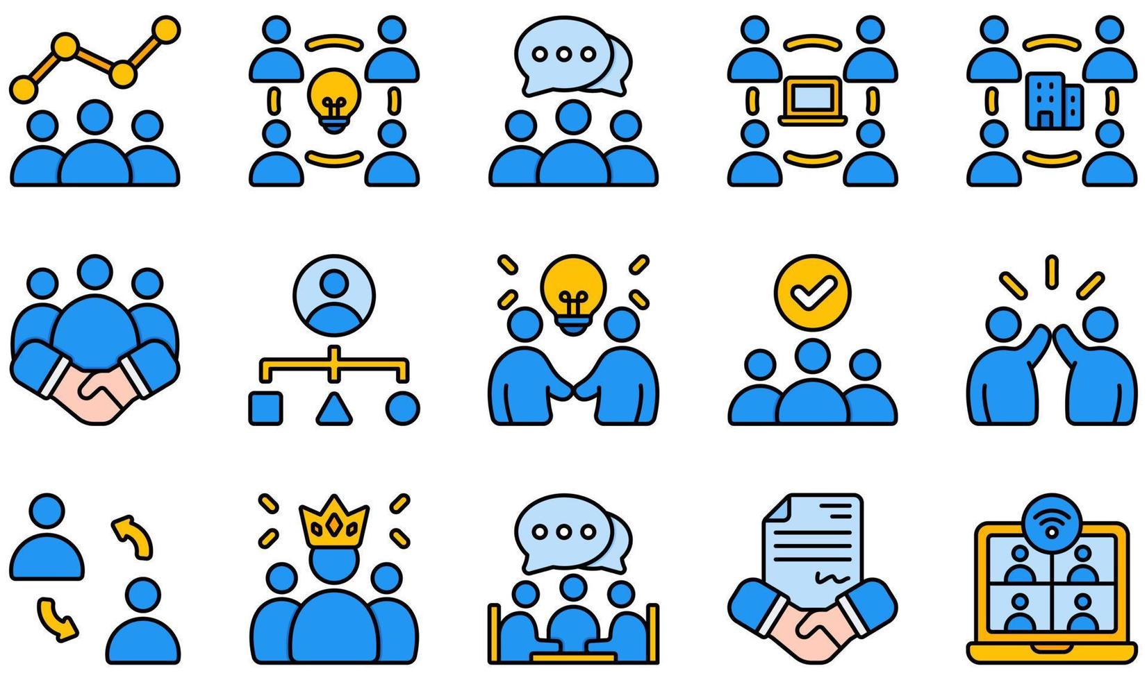 conjunto de ícones vetoriais relacionados ao trabalho em equipe. contém ícones como brainstorm, empresa, cooperação, coordenação, colega de trabalho, parceria e muito mais. vetor
