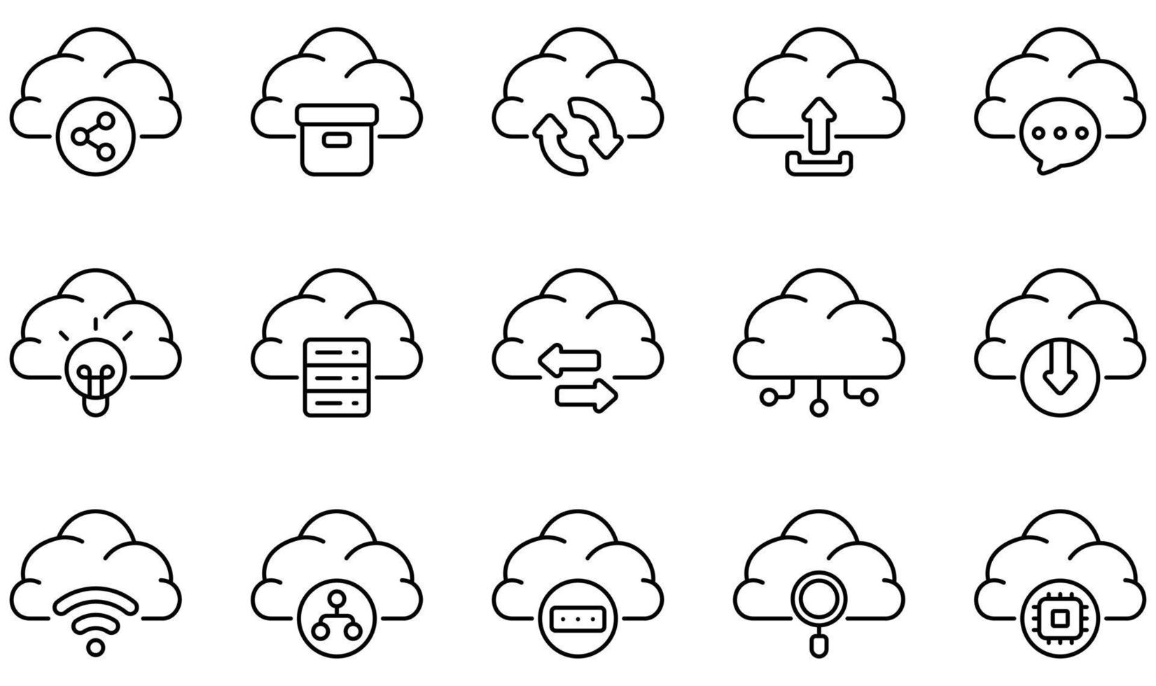 conjunto de ícones vetoriais relacionados à tecnologia de nuvem. contém ícones como configurações, upload na nuvem, comunicação, data center, infraestrutura, gerenciamento e muito mais. vetor