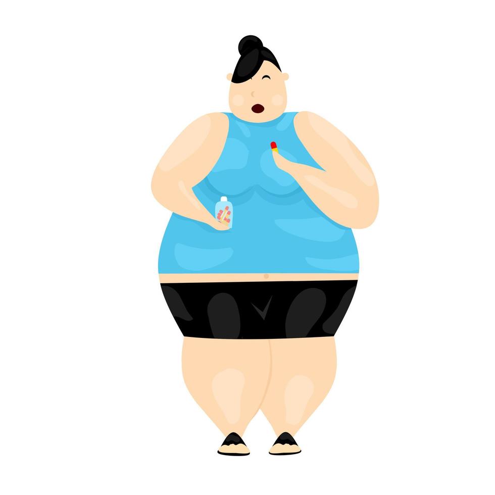 ilustração em vetor de mulher gorda tomando pílulas. design plano de personagem de desenho animado.