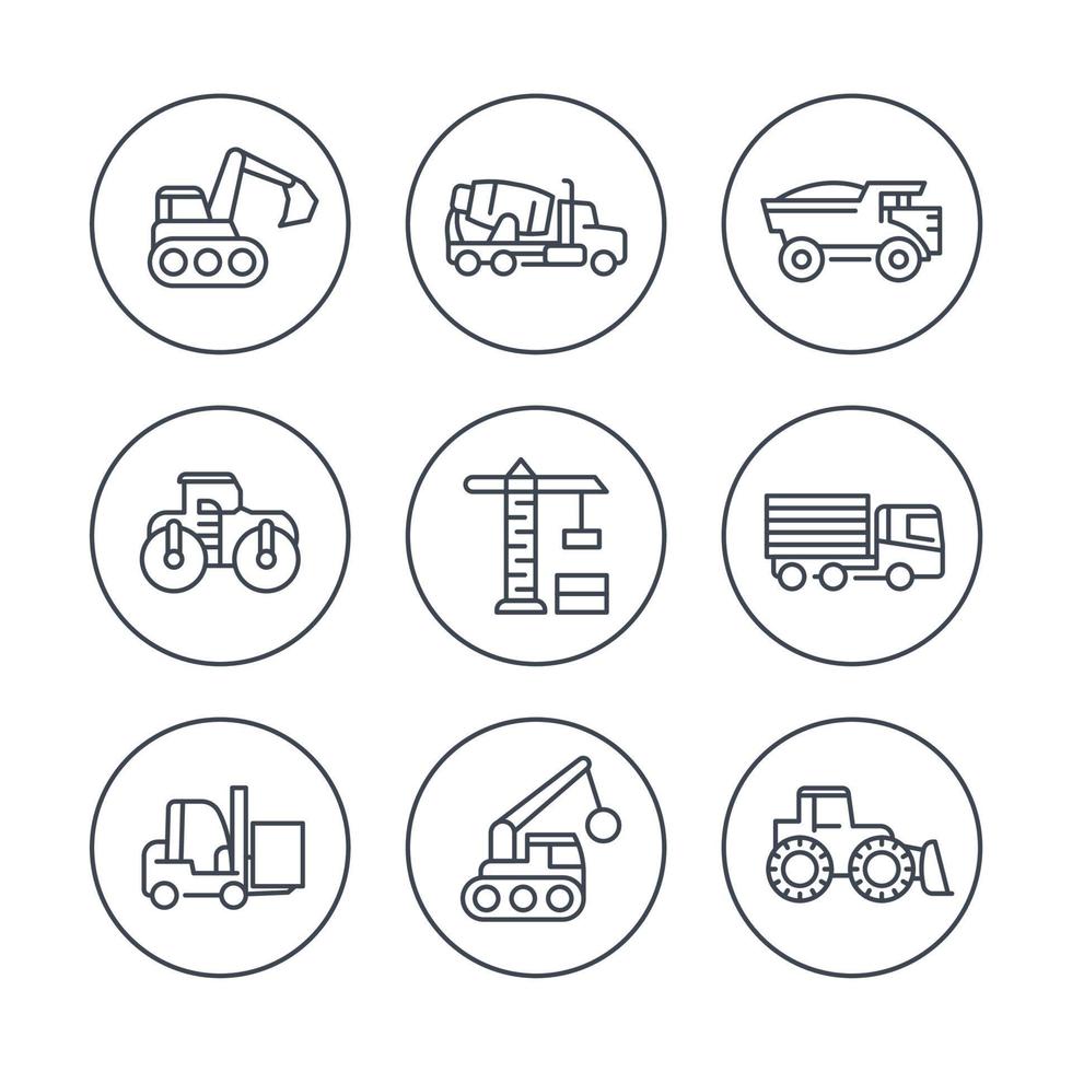 ícones de linha de veículos de construção em círculos, máquinas pesadas, equipamentos de construção, ilustração vetorial vetor