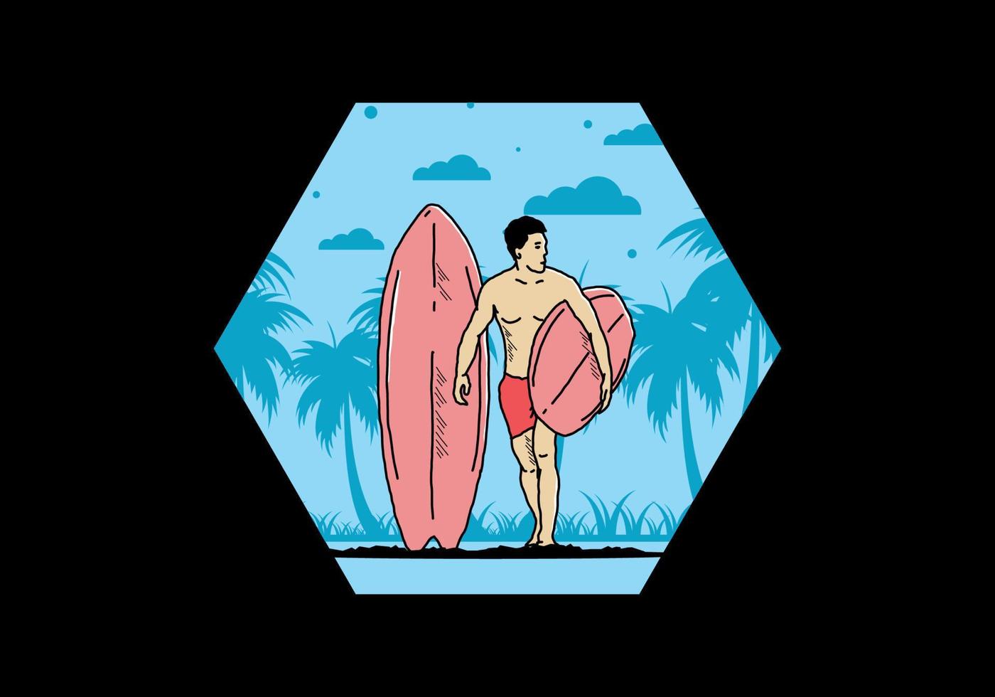 o homem sem camisa segurando a ilustração de prancha de surf vetor