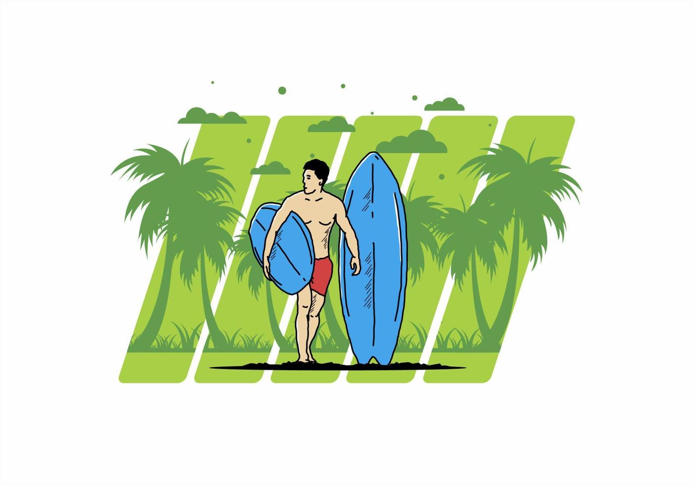 o homem sem camisa segurando a ilustração de prancha de surf vetor