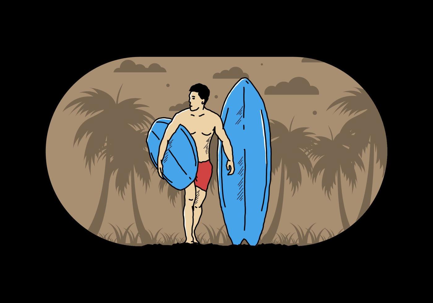 o homem sem camisa segurando a ilustração de prancha de surf vetor