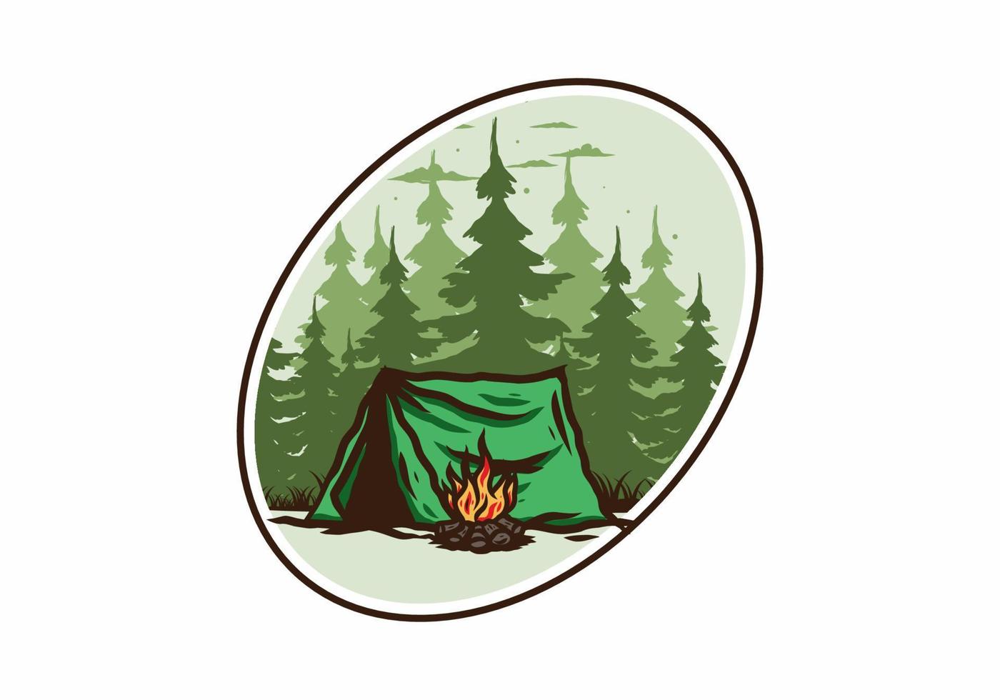acampamento na floresta com distintivo de ilustração de fogueira vetor