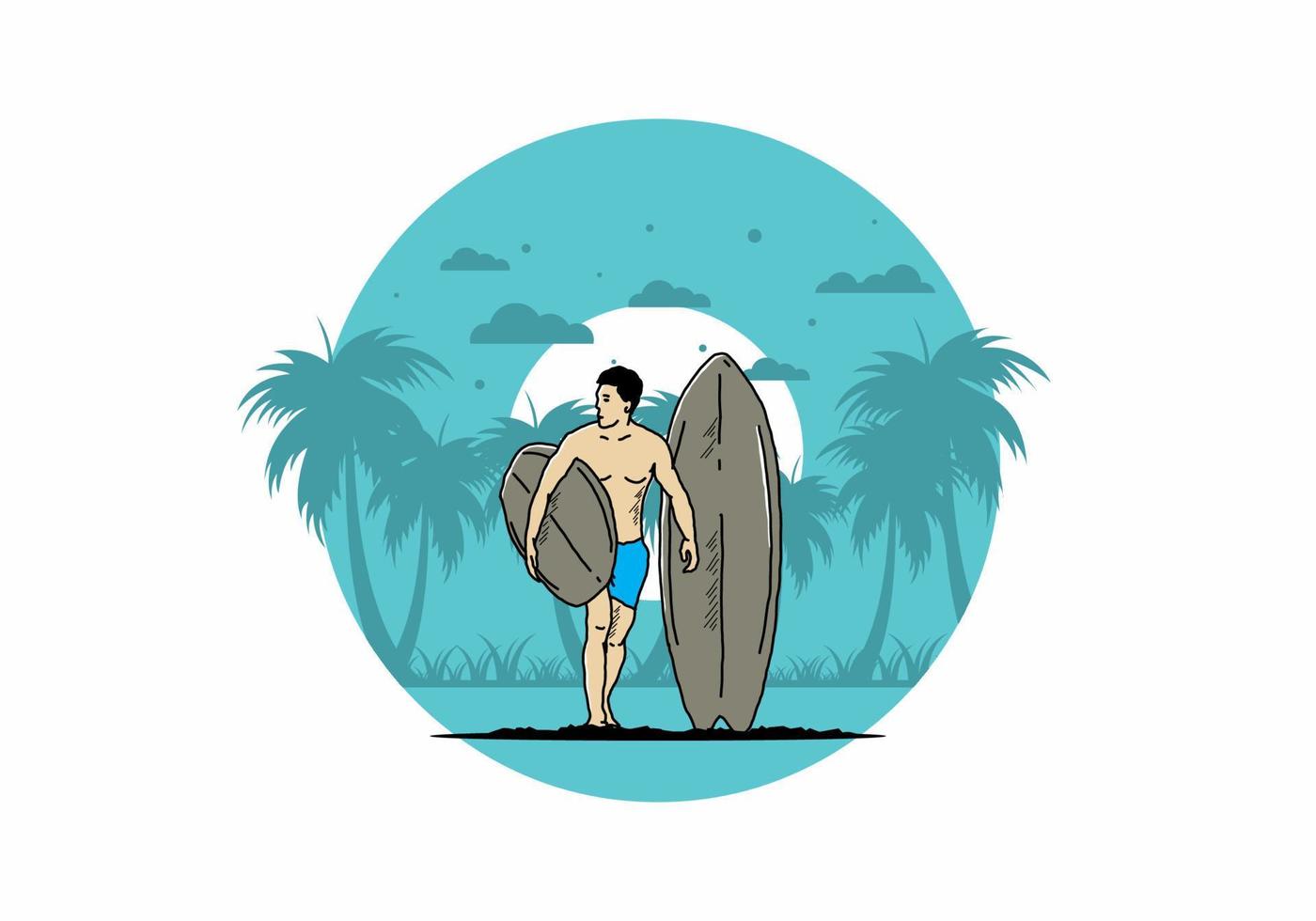 o homem sem camisa segurando a ilustração de prancha de surf vetor