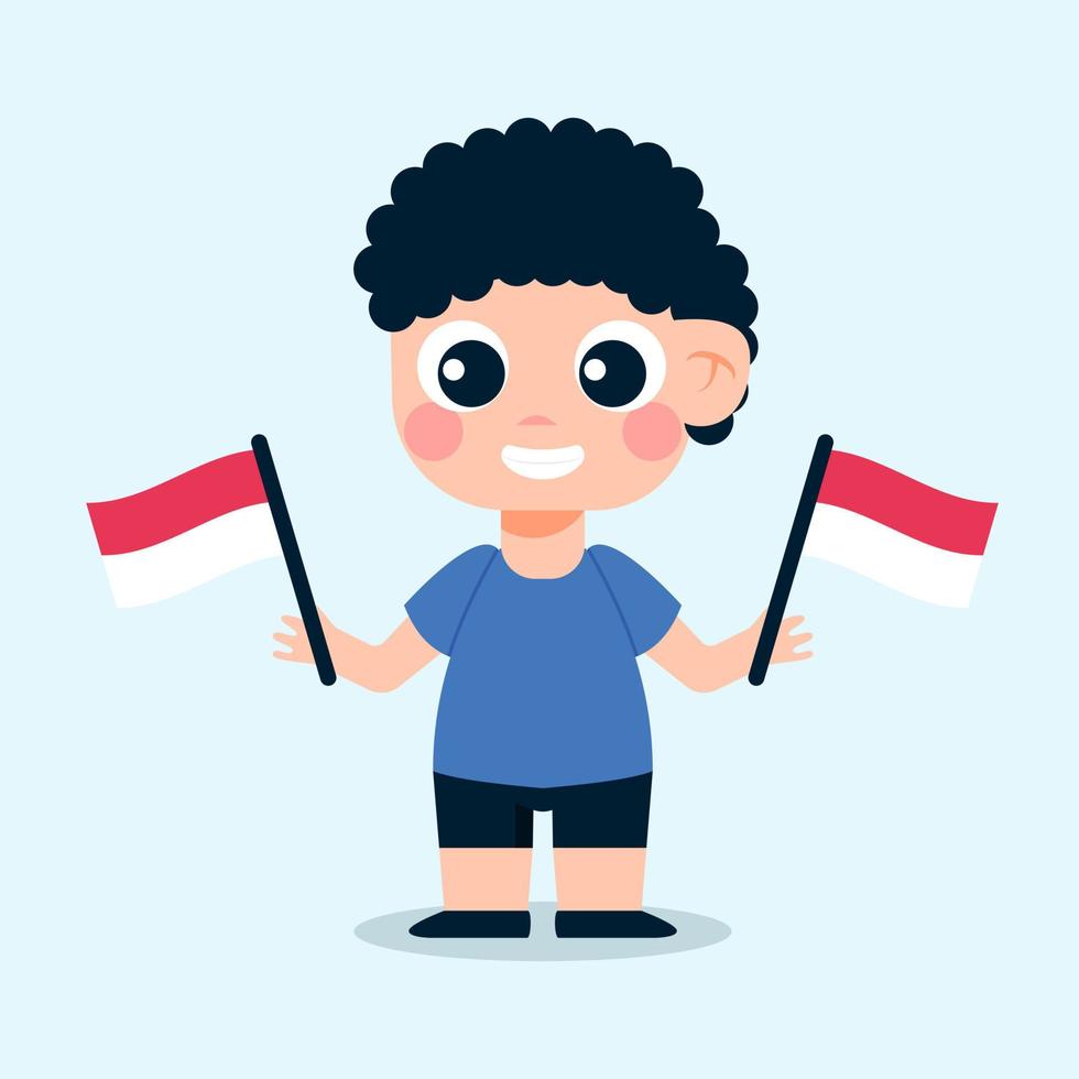 personagem de menino segurando duas bandeiras indonésias vetor