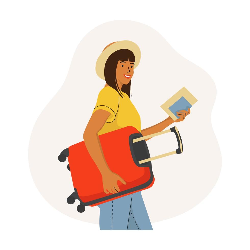 mulher com uma mala sai de férias, conceito de viagens. ilustração vetorial plana. vetor