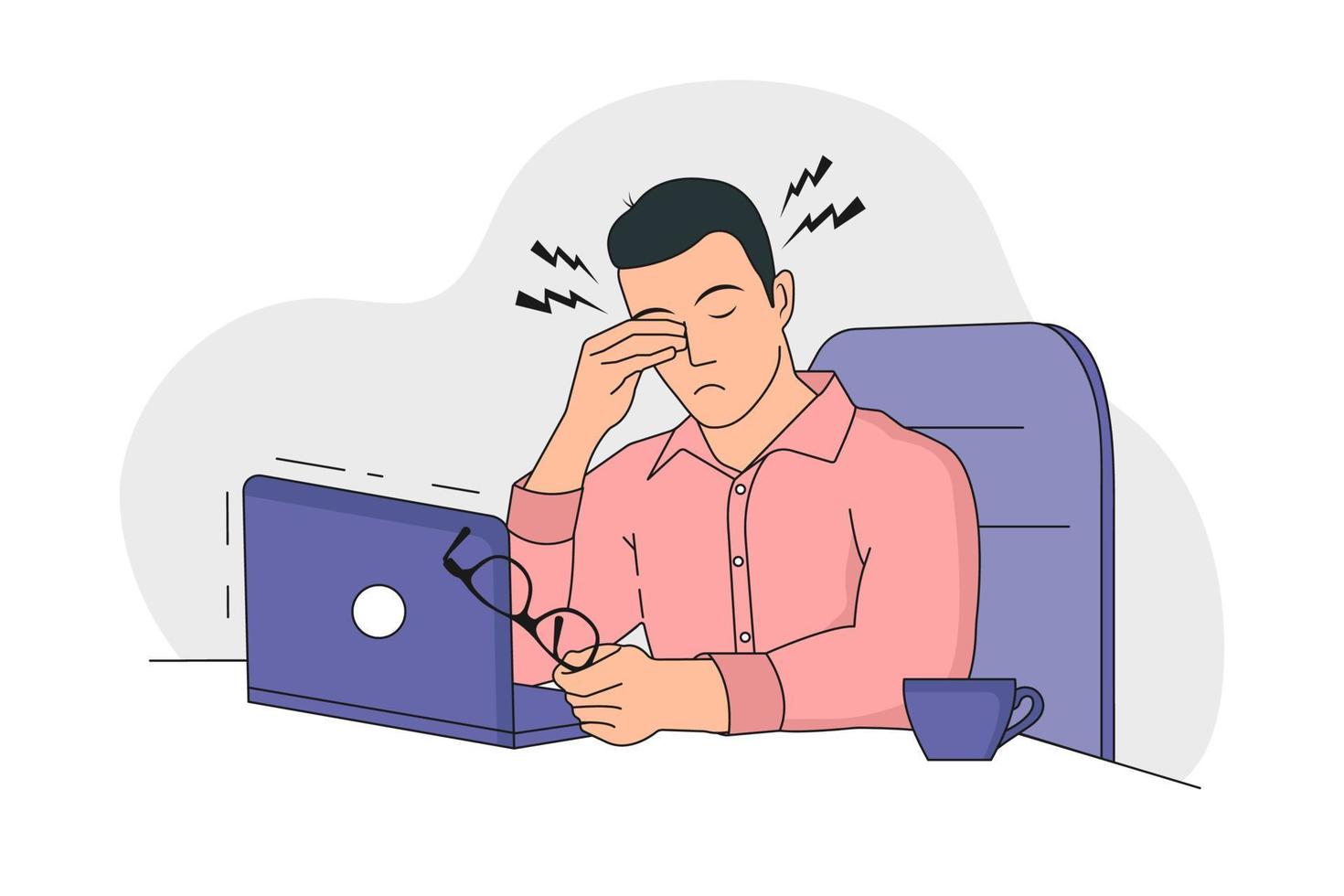 cara jovem está trabalhando em um laptop. personagem cansado. conceito de saúde ocular enquanto trabalha no computador. gráficos planos, ilustração vetorial. vetor