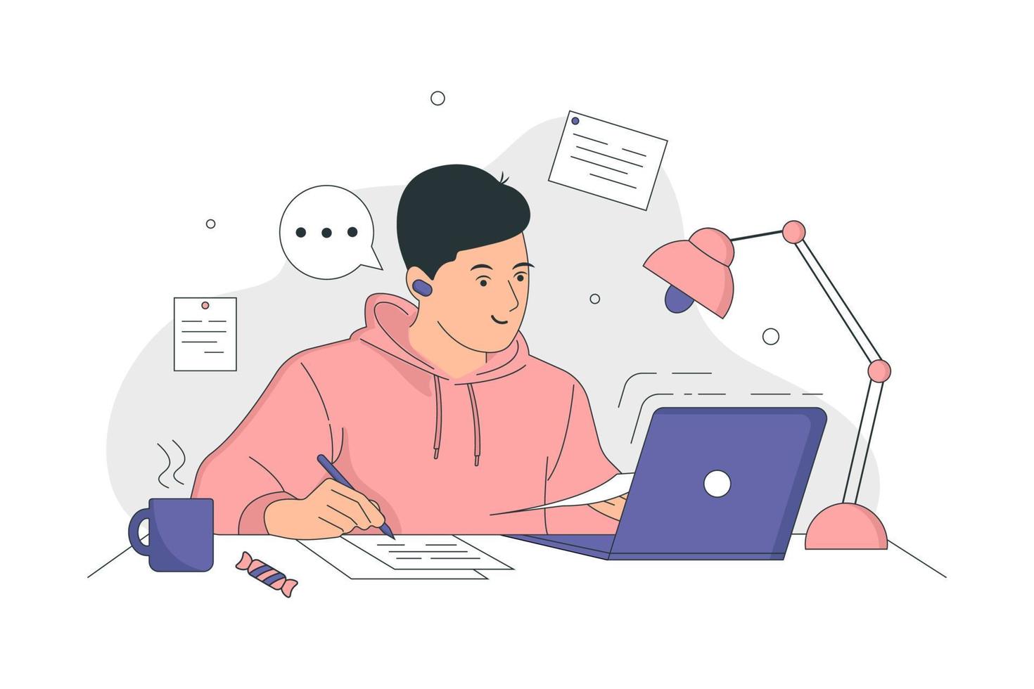 cara jovem está estudando em casa com um laptop. conceito de aprendizado on-line em casa. pode ser usado para a página de destino do site educacional, personagens de alunos. ilustração em vetor contorno plano.