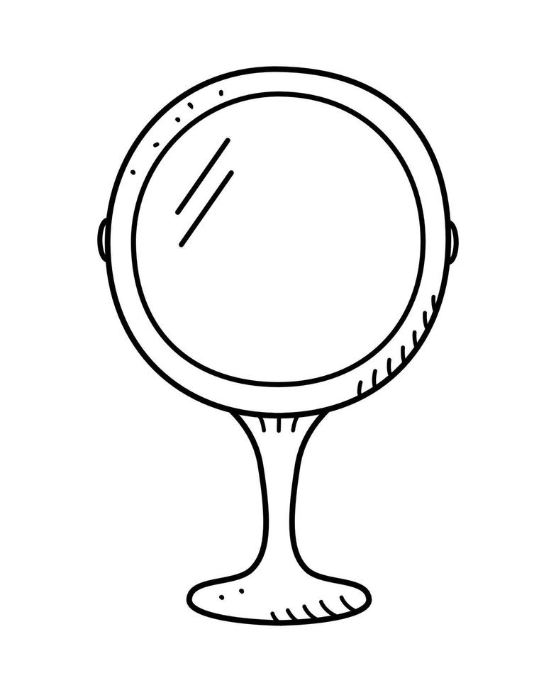 espelho de mesa para maquiagem, elemento de espelho de doodle web vetorial em um suporte para procedimentos cosméticos no salão de beleza ou em casa. a ilustração é isolada em branco vetor