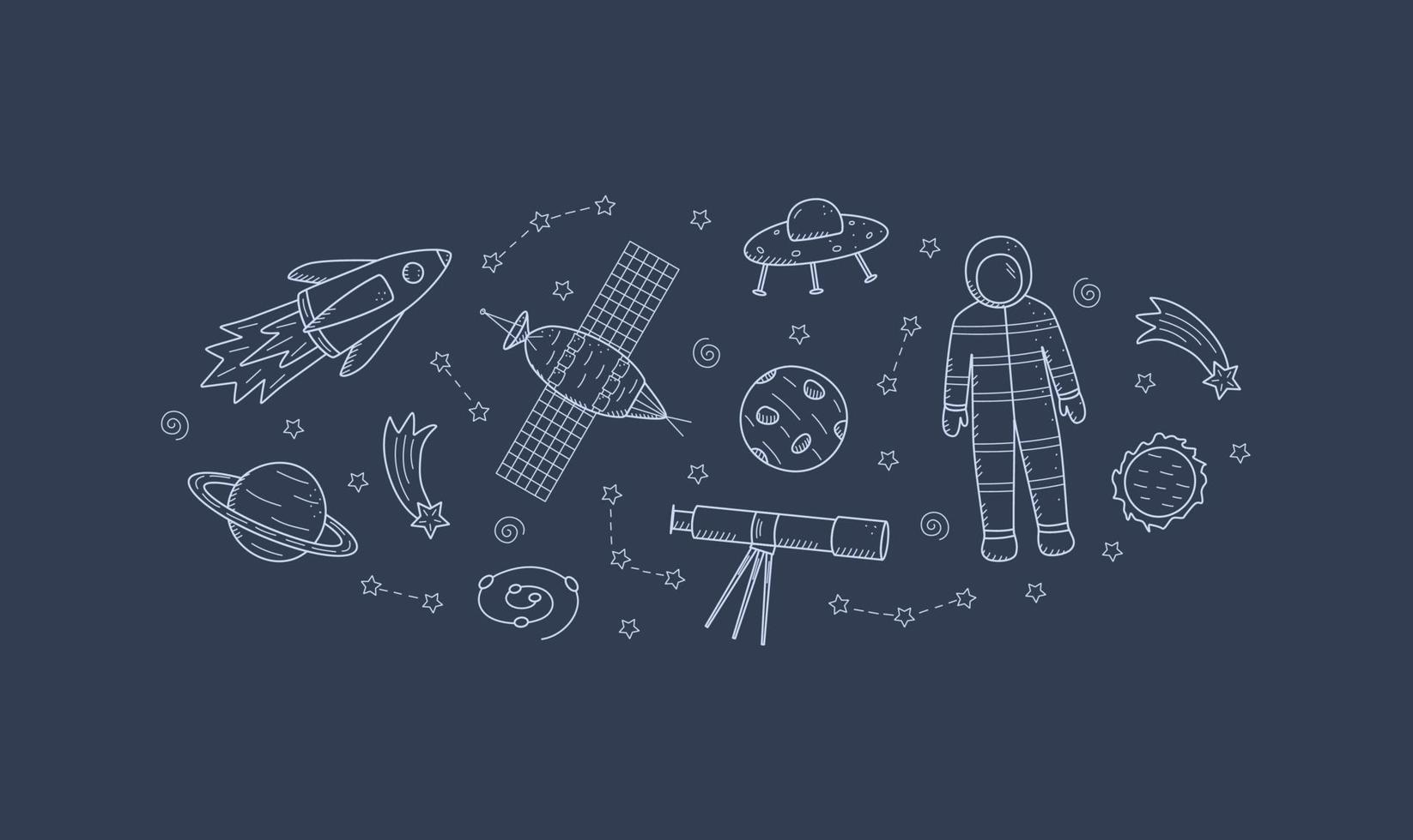 cosmos doodle é um conjunto de ilustrações vetoriais. ícones de quadro de elementos espaciais foguete cosmonauta estrelas satélite telescópio cometa vetor