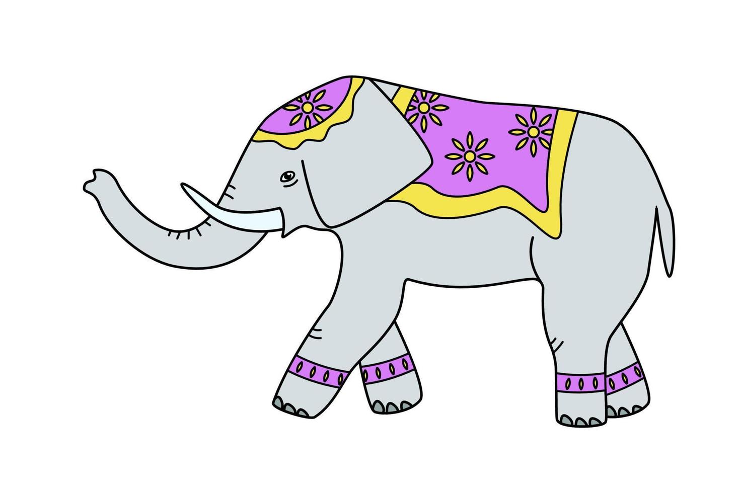 elefante desenhado dos desenhos animados com um cobertor nas costas e na cabeça. elefante tribal indiano decorado, ilustração vetorial. vetor