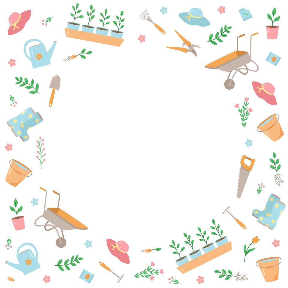 ferramentas de jardim e plantas, um conjunto de ilustrações vetoriais de doodle. jardinagem conceitual, um hobby de verão vetor