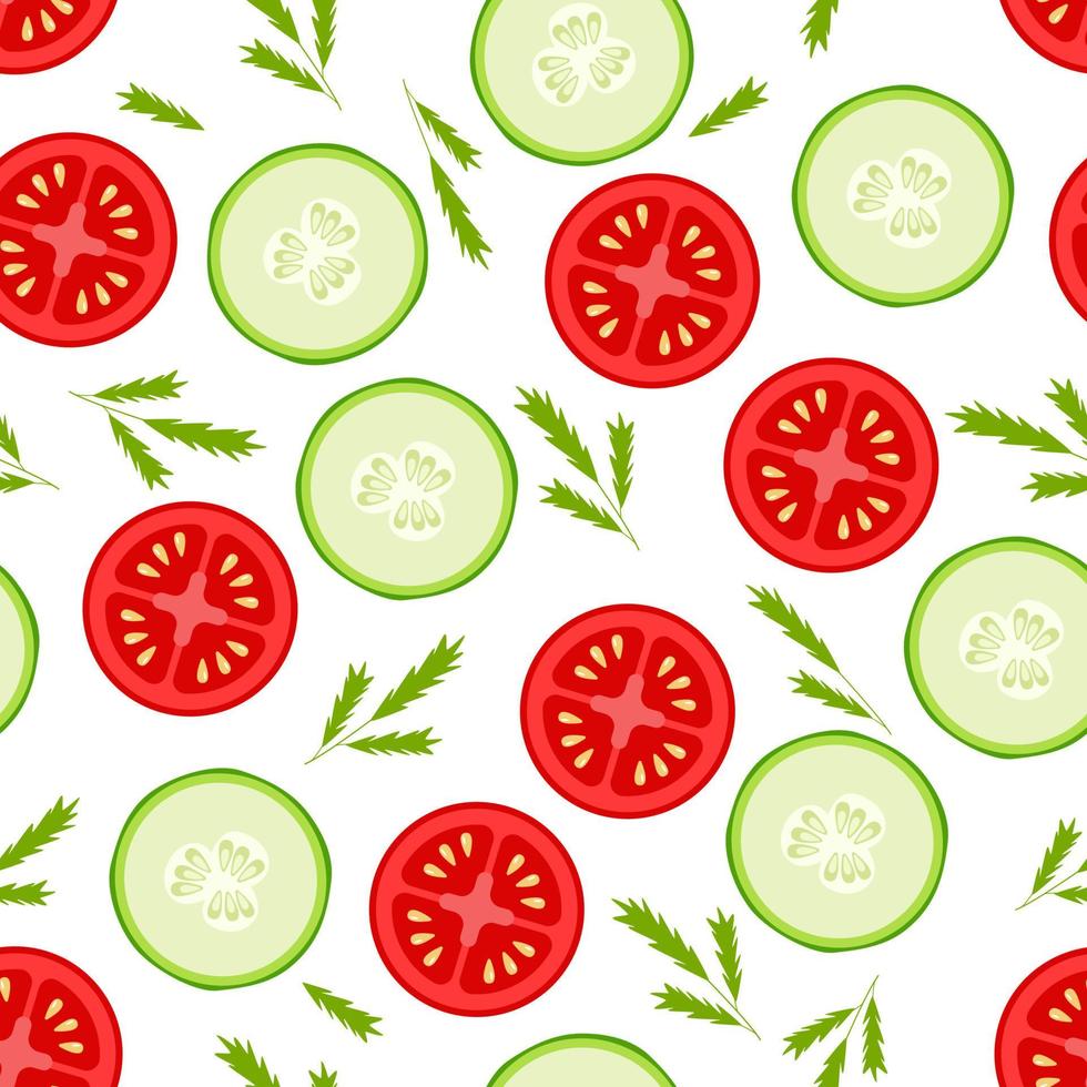 padrão perfeito de fatias frescas de tomate, pepino e verduras, ilustração vetorial do conceito de vitaminas de salada saudável vetor