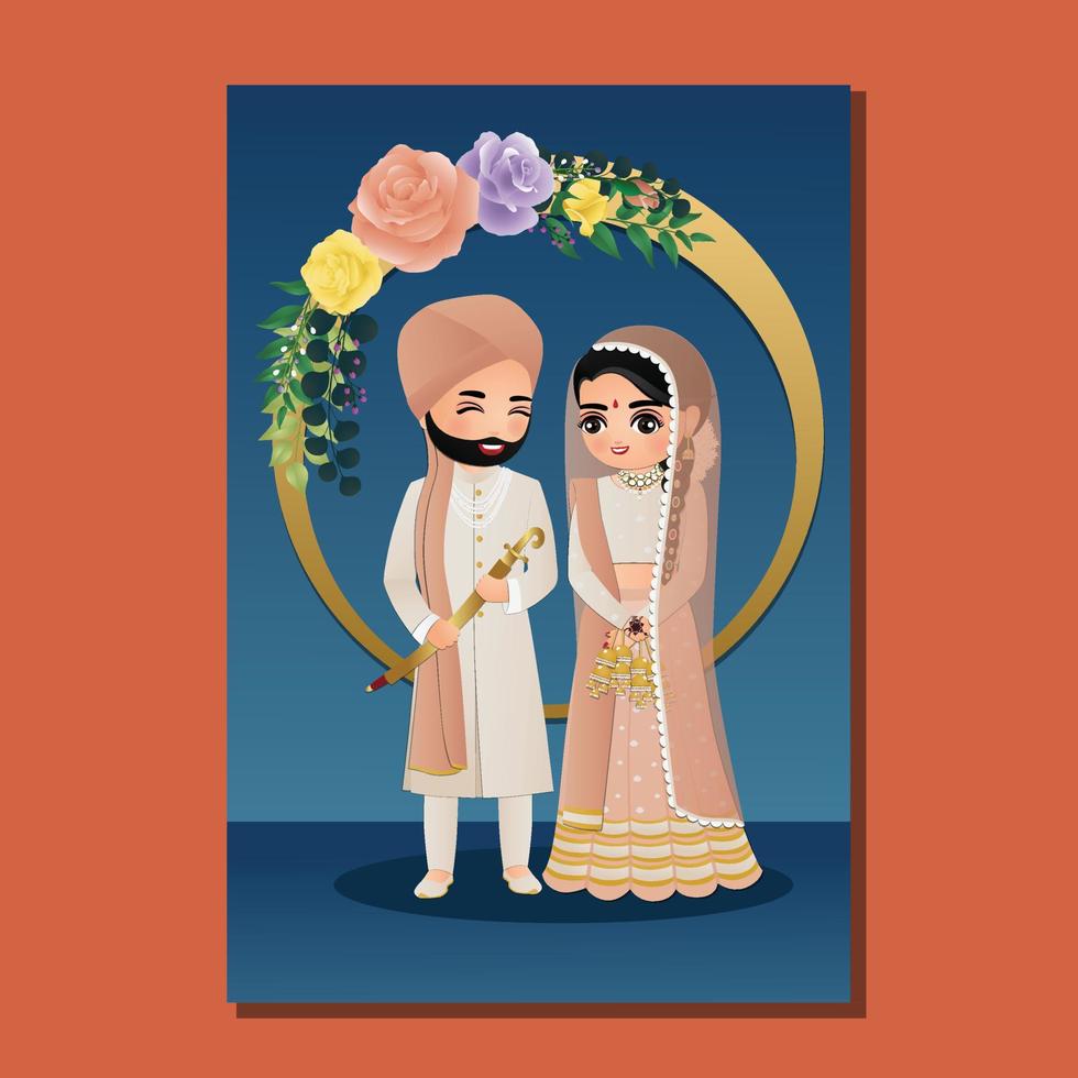 cartão de convite de casamento da noiva e do noivo no personagem de desenho animado tradicional vestido indiano vetor