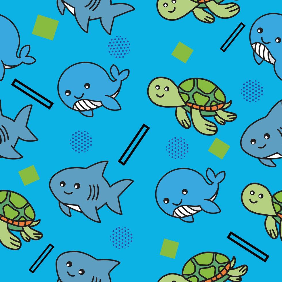 bonito tubarão golfinho do mar e tartaruga animal papel de parede sem costura padrão com design. vetor
