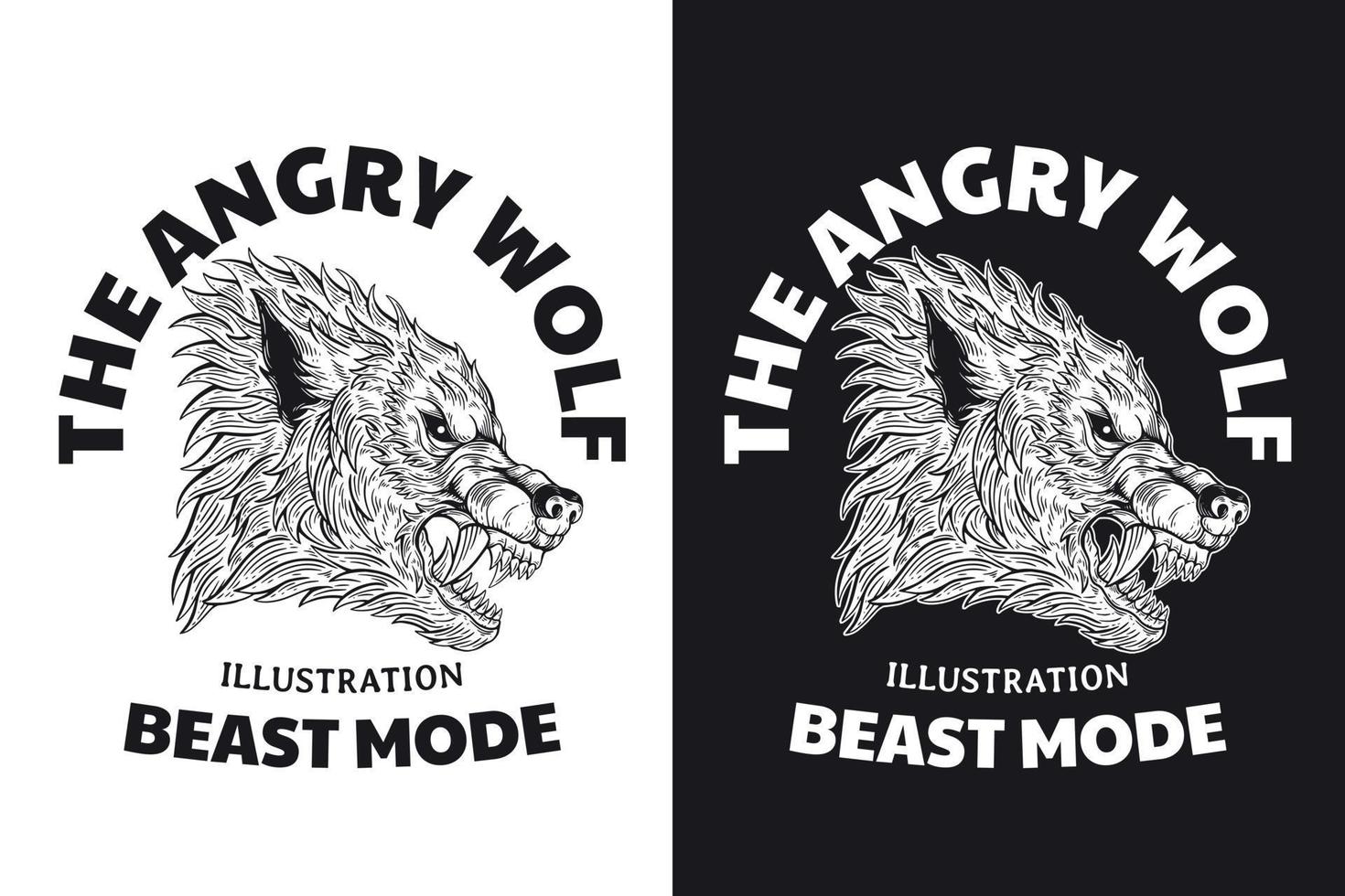 conjunto lobo besta horror desenhado à mão contorno de incubação símbolo tatuagem mercadoria camiseta merch vintage vetor