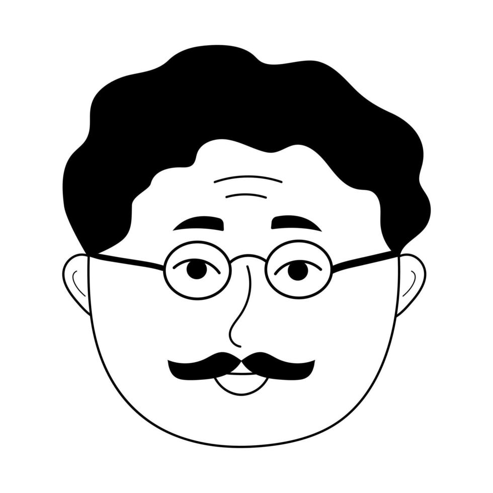 rosto de homem idoso com óculos e bigode no estilo doodle. vetor